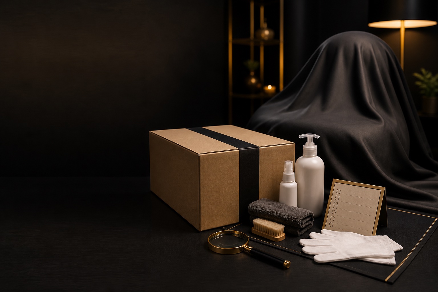 Neutrale Versandbox, Pflegezubehör, Handschuhe und Prüfliste als Symbol für Hygiene und Qualitätskontrolle