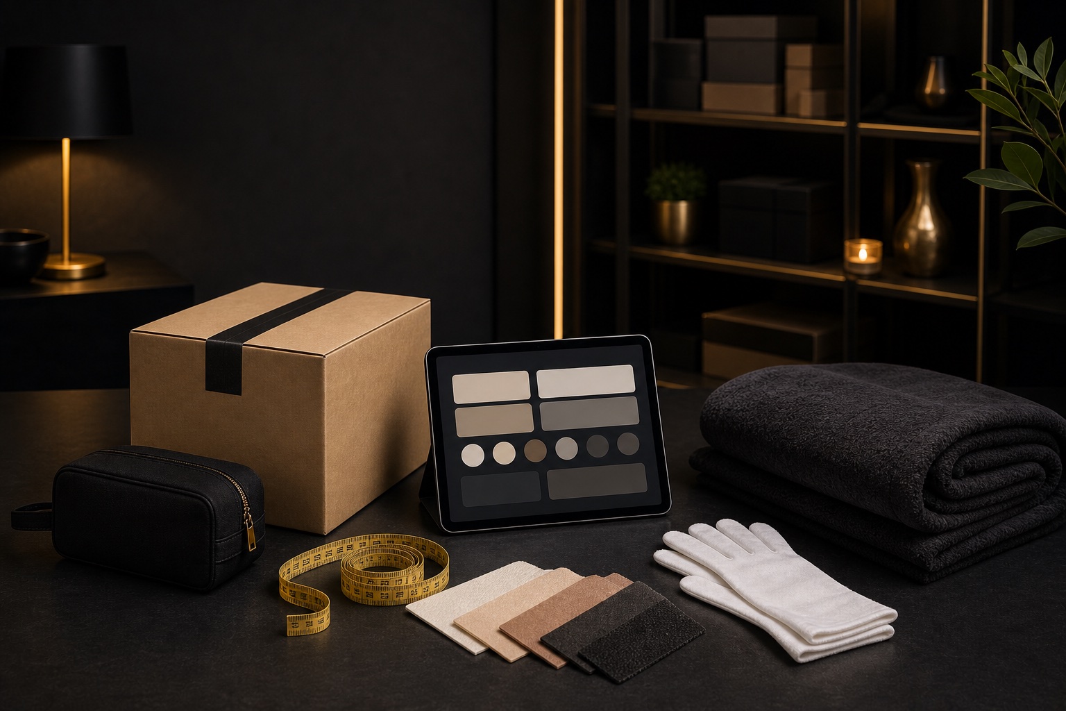 Kompakte Versandbox, Maßband, Materialmuster, Handschuhe und Lagerdecke als Planung für eine kleine Sexpuppe