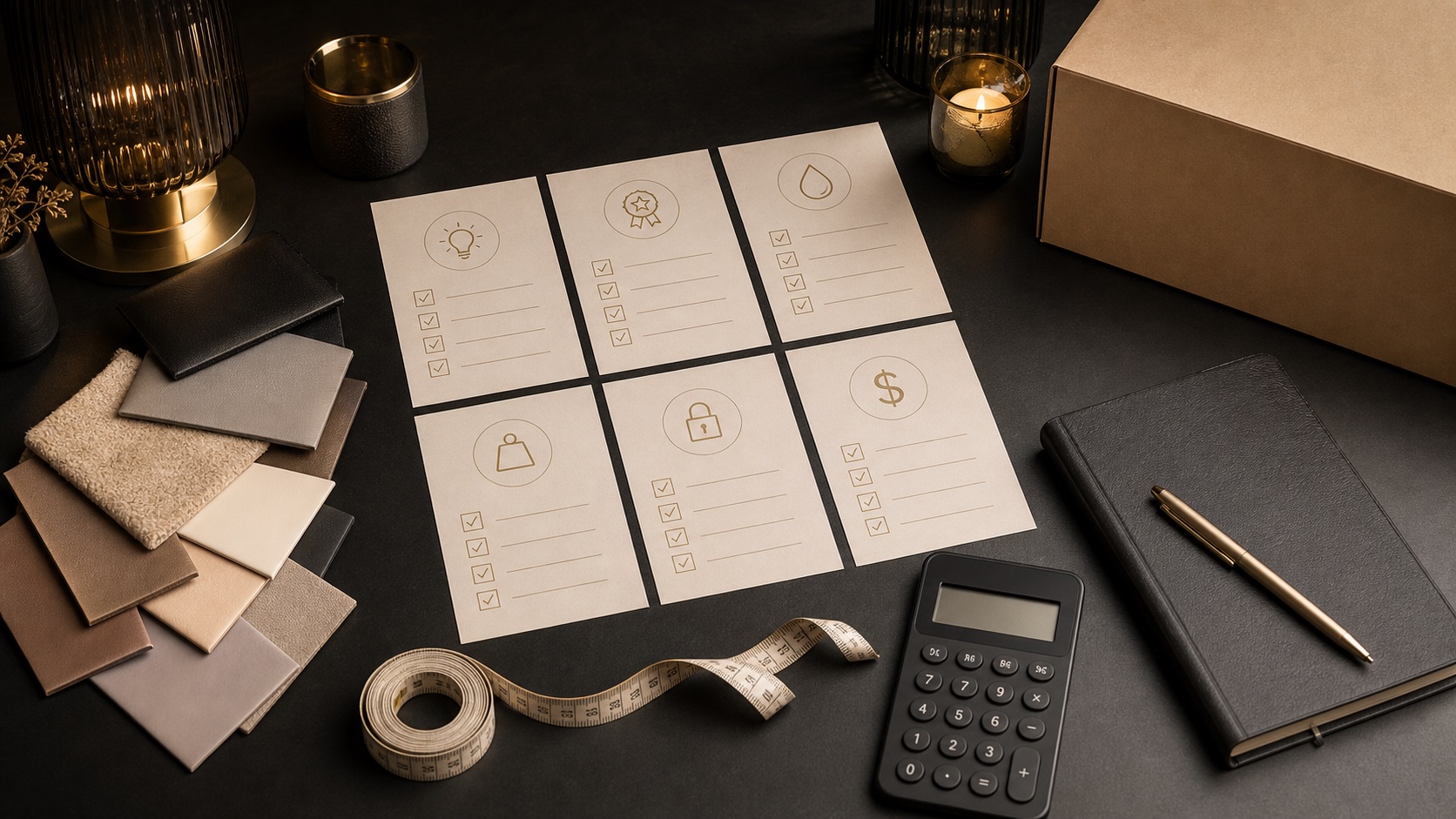 Einsteiger-Planung mit Checklisten, Materialmustern, Maßband, Rechner und neutralem Paket