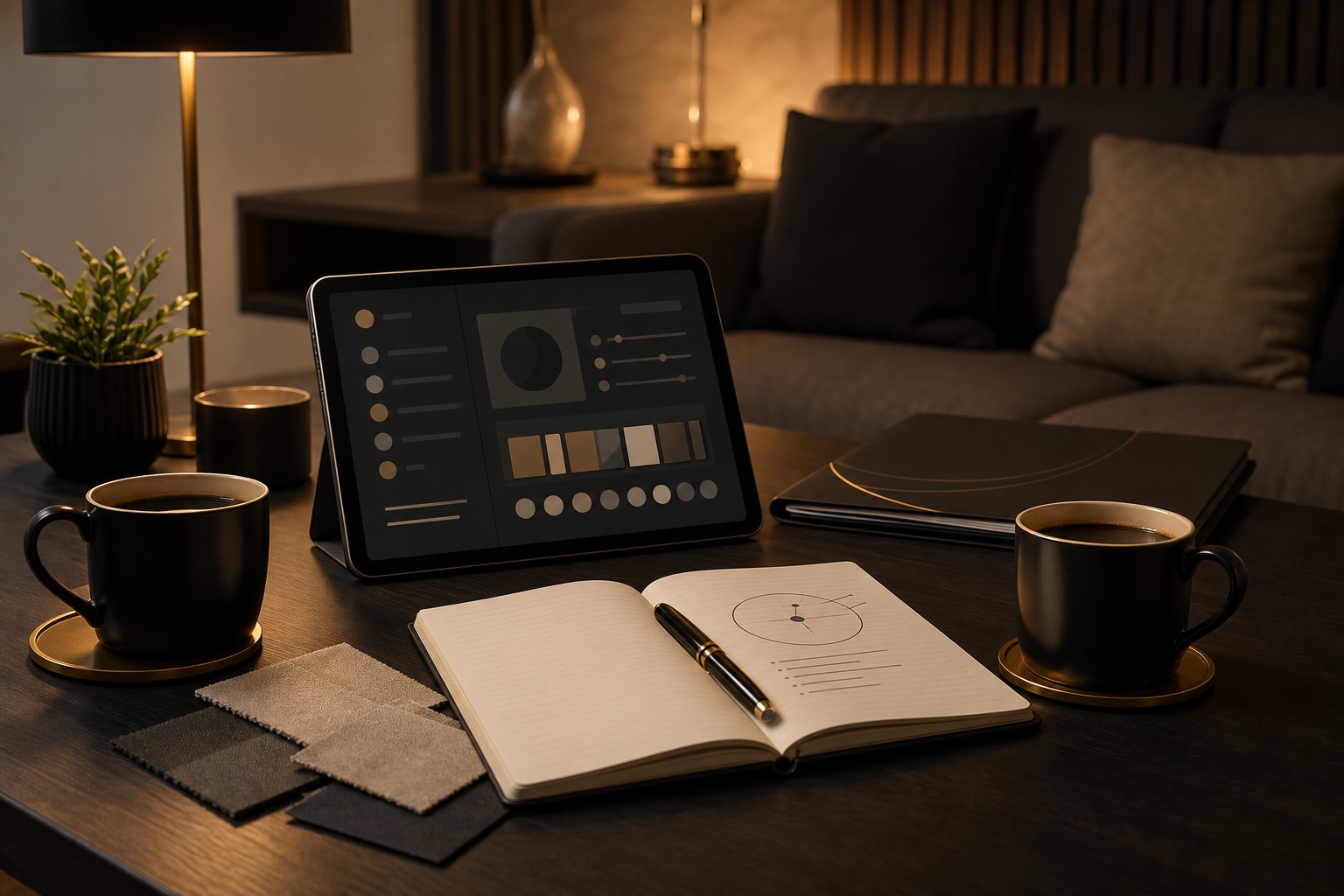 Zwei Kaffeetassen, Tablet mit abstraktem Konfigurator, Notizbuch und Materialmuster als Symbol für gemeinsame Entscheidung