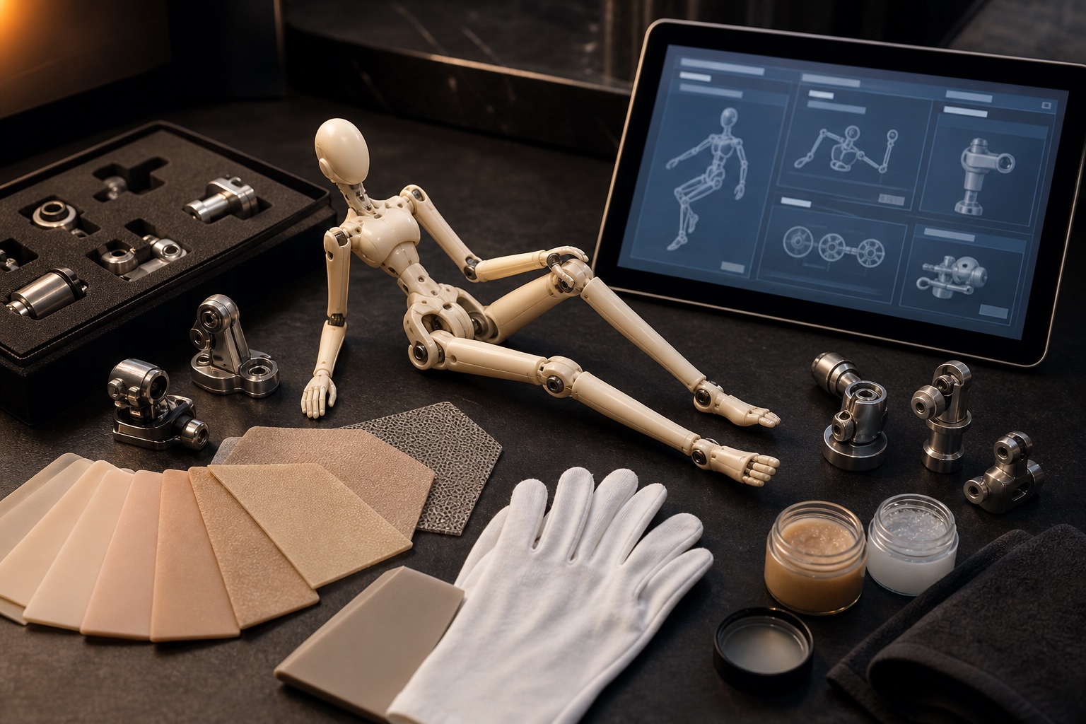 Technische Gelenkmodelle, Materialmuster und Handschuhe als Symbol für Skelett und Beweglichkeit